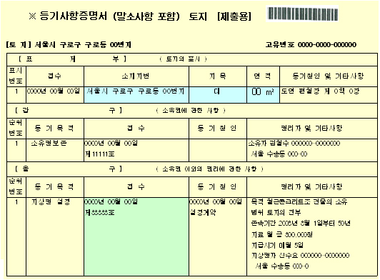 신청서 작성시 참조 자료: 등기사항증명서 예시